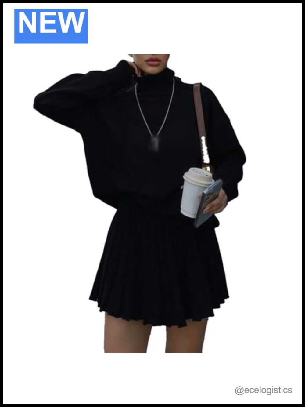 Women's 2 Piece Skirt Set Turtleneck Oversized Sweater & Pleated Mini Skirt
